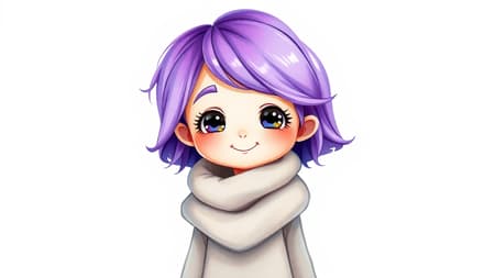 A whimsical cartoon character with vibrant purple hair and a cozy scarf wrapped snugly around her neck. She stands against a pristine white background, fully embodyed in a playful water paint style. Her skin is smooth and youthful, and she radiates a cheerful essence. With artistic flair reminiscent of sketches and paintings, the character exudes a sense of wonder and charm. Her proportions are slightly exaggerated, lending a sense of dynamism and animation to her form. Despite the simplicity of the scene, subtle shadows and delicate backlight enhance her presence. Her expression is vivid and inviting, capturing a youthful spirit and an imaginative world in delightful detail.