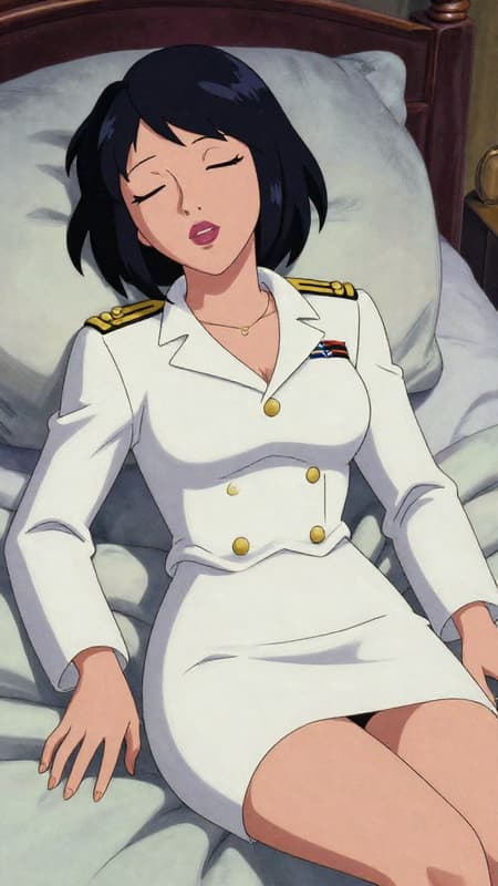 Sleeping Woman In White Naval Uniform high quality studio animation, disney, masterpiece, absurdres, score_7, film grain, glittering, soft focus,
Close up,
masterpiece, best quality, absurdres, High Resolution, high detailed, aesthetic, very awa, BREAK 1girl, m1ki2n9a3, mature woman, asian woman, short cut, very dark hair, white formal, (((white skirt, white short skirt suit, sfw))), (((kancolle admiral cosplay, admiral (kancolle) (cosplay), naval uniform, cosplay, military uniform, military))),,
((Sleepy, disheveled, sloppily dressed, sitting on the bed, resting her hands on the bed, looking at us, relaxed posture, relaxed bearing, ))