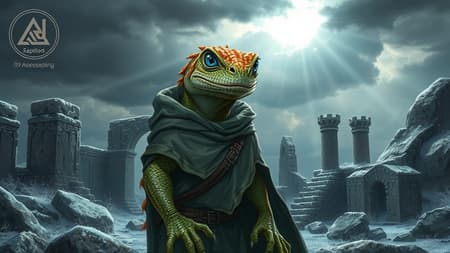 Character Adorned A lizardfolk character adorned in a tattered cloak stands amidst ancient ruins under an overcast sky, its blue eyes shimmering with curiosity. The creature has ginger hair that wildly contrasts with its scaled skin and is giving a knowing smile. Sunbeams pierce through the clouds, casting a divine light over the frosty landscape. The scene embraces fantasy elements, with an atmosphere of mystery. The image bears markings reminiscent of a D&D text, complete with a symbolic watermark and a vague, amateurish signature. It has an inherently low-quality feel, plagued by moiré patterns and downsampling issues, resulting in aliasing and distorted visuals. The glossy finish adds to the blurry, pixelated look, exacerbated by evident JPEG and compression artifacts. The proportions are slightly exaggerated, with limbs and pose appearing awkwardly extended. The overall texture is grainy, showcasing symmetrical but peculiar errors, doubling patterns, and slightly off alignment indicative of a beginner's attempt. The composition suffers from glitches and focal discrepancies, with overexposed highlights creating high contrast yet poorly balanced visibility, particularly noticeable in the malformed hands.