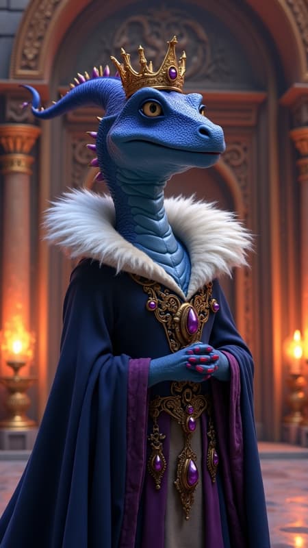 A regal anthropomorphic blue skin dinosaur queen that looks like the Sorceress from spyro  standing in an opulent ancient palace, wearing ruff collar royal attire with big lips and red lipstick and purple pendant and a tiny crown,Warm torchlight illuminates ornate stone architecture, carved pillars, and glowing accents. The character’s posture is elegant and commanding, with rich textures, vibrant colors, and a fantasy‑medieval aesthetic. Ultra‑detailed, dramatic lighting, high‑resolution fantasy character art