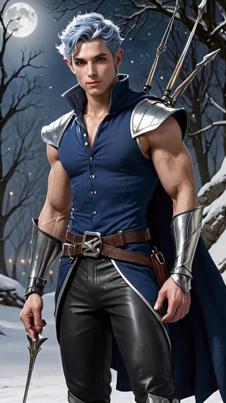 Faerie and Fantasy, The Dreaming. Elf. Moon Elf, pale white elf. Hypermasculine male. Short, stocky, wide shouldered, broad chested, narrow waist, sinewy, well defined. Strong, muscular. Pale white skin the color of snow, dusted in glittery moondust. Short length dark indigo-blue hair, short on sides and spiky on top. {{{SHORT HAIR, INDIGO BLUE HAIR}}}. Sparkling silver eyes, playful and cheery. Handsome rugged masculine face, strong brow and chin, cleft in chin. Indigo-Blue soul-patch on face below bottom lip. Sharp Elf ears. His skin is dusted in silvery glitter. Silver talisman with crystal quartz pendant around his neck. Navy blue sleeveless shirt unbuttoned to navel, revealing his chest. Silver arm bands above his biceps, silver earring in left ear, along with silver ear cuffs. Black leather fingerless gloves, black leather bracers on arms. Black leather belt around waist, silver and sapphire belt buckle. Navy blue rangers pants/tights, form fitting and smooth over powerful legs and bulge in groin. Soft gray boots, knee-high and slouchy/supple bucket boots. He holds a golden magical bow. He has a soft, silvery aura under moonlight, signifying elven magic. Full body pose, he is the archer, the Dream Archer. Faerie and Fantasy, The Dreaming. Elf. Moon Elf, pale white elf. Hypermasculine male. Short, stocky, wide shouldered, broad chested, narrow waist, sinewy, well defined. Strong, muscular. Pale white skin the color of snow, dusted in glittery moondust. Short length dark indigo-blue hair, short on sides and spiky on top. {{{SHORT HAIR, INDIGO BLUE HAIR}}}. Sparkling silver eyes, playful and cheery. Handsome rugged masculine face, strong brow and chin, cleft in chin. Indigo-Blue soul-patch on face below bottom lip. Sharp Elf ears. His skin is dusted in silvery glitter. Silver talisman with crystal quartz pendant around his neck. Navy blue sleeveless shirt unbuttoned to navel, revealing his chest. Silver arm bands above his biceps, silver earring in left ear, along with silver ear cuffs. Black leather fingerless gloves, black leather bracers on arms. Black leather belt around waist, silver and sapphire belt buckle. Navy blue rangers pants/tights, form fitting and smooth over powerful legs and bulge in groin. Soft gray boots, knee-high and slouchy/supple bucket boots. He holds a golden magical bow. He has a soft, silvery aura under moonlight, signifying elven magic. Full body pose, he is the archer, the Dream Archer.