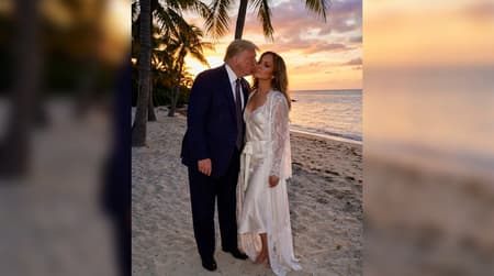 Donald Trump kissing Jennifer Lopez in a fine lingerie outfit on the beach during the day at sunset