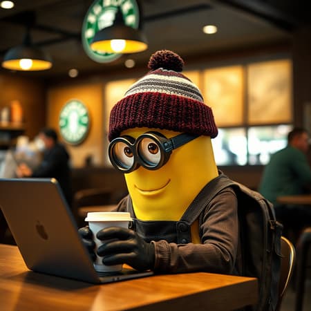 a minion at a starbucks working on a side hustle, wearing a hipster beanie, photorealistic