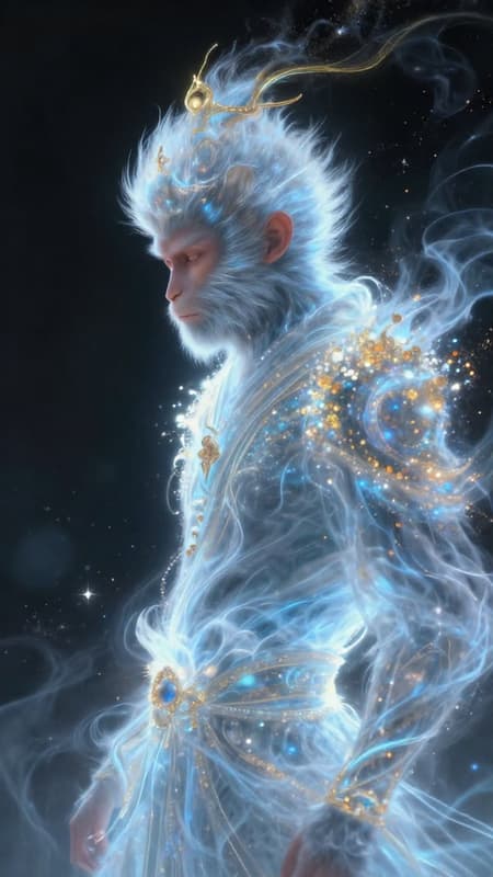 A majestic, ethereal portrait of Sun Wukong, the Monkey King, in profile, looking left. His form is rendered with flowing, luminous light blue and white energy, resembling smoke or clouds, emanating a soft glow. The art style is a blend of digital painting and impressionistic brushstrokes, with a cosmic, celestial feel. He wears a subtle, glowing golden circlet. The Monkey King's fur is made of shimmering particles and light, with a dense scattering of small, colorful, glitter-like specks in shades of gold, orange, blue, and white, creating a magical, sparkling effect. The background is a deep, dark black, emphasizing the luminosity of his form. The mood is mystical, powerful, and serene. Soft, ambient lighting highlights his features.