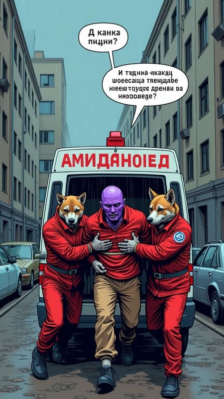 Comic book style illustration, rainy day urban scene. A purple-faced man in a straitjacket is being forced into a white ambulance with "СКОРАЯ ПОМОЩЬ" (Emergency Medical Service) written on the side. Three anthropomorphic canine paramedics in red uniforms are pushing him. The man has an angry expression and a speech bubble above him saying "В какую дурку вы чё угораете?" (What kind of asylum are you kidding about?). Another speech bubble from a paramedic says "В дурку поедешь перестанешь фуррей везде видеть" (You'll go to the asylum and stop seeing furries everywhere). The background shows Soviet-era apartment buildings and parked cars on a wet, muddy street. Overcast lighting, dark and moody atmosphere. Desaturated colors with pops of red and purple. Detailed line art, cartoonish yet gritty aesthetic.