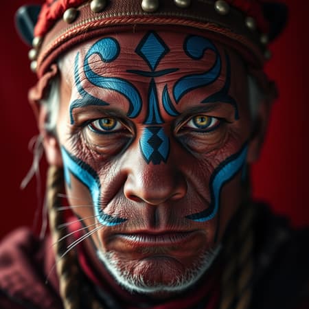 Portrait of an Austrian elder warrior chief featuring tribal panther-inspired makeup with striking blue patterns on a deep red background. Captured in hyperrealistic style, the front-facing profile highlights intricate skin textures and a determined gaze. Utilizing 50mm f2 portrait photography with a gfx100 camera, the image employs dramatic rim lighting to enhance the serious eyes, creating a captivating contrast. The composition remains rooted in tradition yet offers a fresh take on warrior aesthetics.