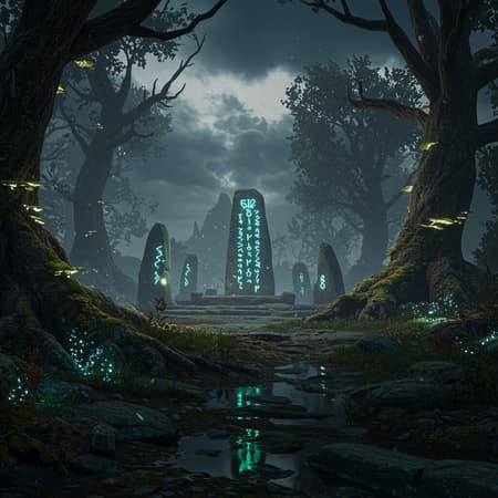 Scene Unfolds Fantasy Artwork A breathtaking scene unfolds in a dark fantasy realm, where the ethereal glow of volumetric lighting casts a mystical aura over an ancient, enchanted forest. Towering trees with gnarled, twisted branches stretch towards a sky painted with swirling dark clouds. The atmosphere is rich with intricate details, from the luminescent fungi clinging to the tree trunks to the shimmering reflections in a nearby stream. In the heart of the forest, an ancient stone monument stands, covered in cryptic runes that pulse with otherworldly energy. The scene is captured in stunning clarity, with Full HD and 8K resolution, resembling the latest concept art from Unreal Engine that's trending on Artstation, drawing viewers into this captivating world of wonder and mystery.