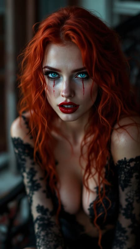 erotic red head vampire in black lace sitting on a souther porch, fangs showing with a few small drops of blood falling down, give her blue eyes that you could get lost in, make the time of day midnight