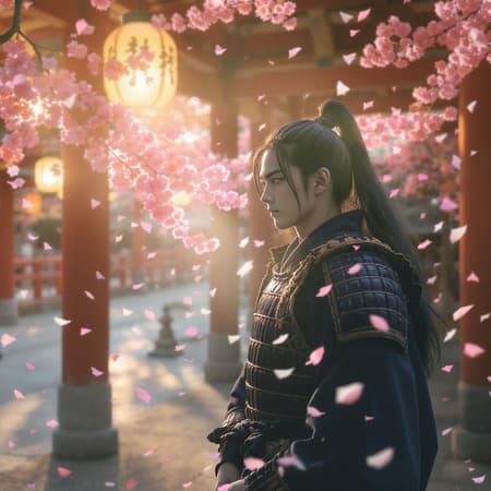 A young samurai with long, flowing black hair tied in a ponytail, dressed in intricately detailed samurai armor, stands poised in a serene Japanese temple. Cherry blossom petals float gently around him, captured in mid-air against a backdrop of softly glowing lanterns. The early rays of a glowing sunrise bathe the scene in tranquil, ethereal lighting, casting delicate yet dramatic shadows across the temple. The image is captured as a high-detail RAW color photo, emphasizing realism and high contrast, with an ultra-high resolution CG rendering that enhances lifelike textures and rich colors. The scene is imbued with a hyper-realistic, photography-like quality, using a cinestill 800 film effect with an f1.6 lens to achieve vibrant, immersive imagery.