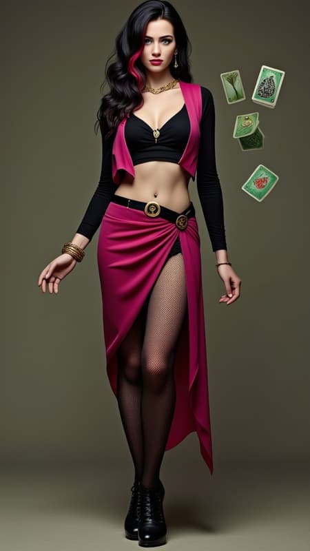 Tarot Card reader, Irish Gypsy, psychic. Model. Feminine,Caucasian woman of Irish heritage. Tall, strong, fit, lithe, slender but shapely. Sensuous. Long black layered hair, side parted with loose curls cascading over one eye, with one long red streak on that side. Thin gold circlet band around her forehead. Pretty face with green eyes {{mint green eyes}} and long lashes, giving that knowing look. Glossy ruby lips. Fair skinned. Delicate gold necklace with Celtic amulet around her slender neck, small golden hoop earrings in her ears. Black spandex crop top with scooped out neck and long sleeves, a hot pink mini-vest over top of it. Gold bangle bracelets on her wrists. Black leather designer belt with a golden ring buckle around her waist. Form fitting and higher on one side knee length skirt, hot pink and slit down one side. Black fishnet stockings on her shapely legs. High heeled black stiletto shoes, with straps around her ankles. Full body pose, Tarot cards flying through the air, signifying her psychic powers. 
