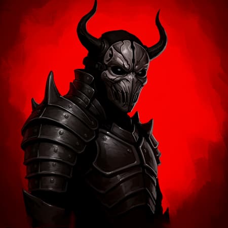 A shadowy, formidable figure looms against a vivid red backdrop, partially obscured in darkness. The silhouette suggests a fusion of ancient armor styles, particularly Japanese, with visible layers of segmented plates along the shoulders and upper arms. The centerpiece is a macabre mask with twisted horns or protrusions and hollow eye sockets, lending the figure an eerie and otherworldly demeanor. The mask and armor are depicted in deep grays and blacks, sharply contrasting with the intense red backdrop. The scene conveys an aura of ominous power and enigma. Executed in possibly acrylic or gouache, the visible brushstrokes and textured paint application, especially in the red background, add depth. The dramatic lighting emphasizes the stark contrast and the cropped composition highlights the figure's dominating presence.