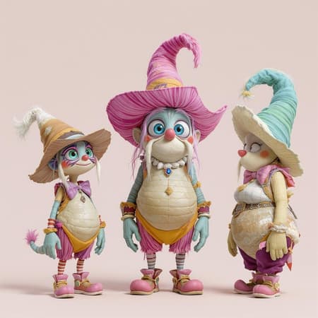 Whimsical character design featuring creative, expressive, and detailed elements. The characters are colorful and exhibit stylized anatomy, rendered in high-quality digital art using Adobe Photoshop and 3D Studio Max with V-Ray. The design is unique and award-winning, with a playful and fantastical theme. Set against a plain background, the characters have slightly deformed and stylized features, creating a distinctive and imaginative look.