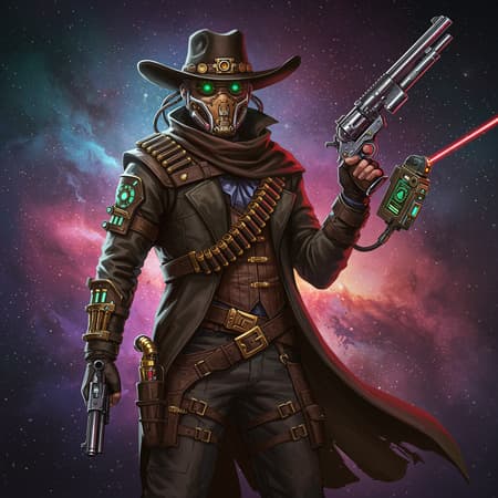 Generated Space Outlaw| Space outlaw| futuristic wild west| intricate galactic bounty hunter gear| laser revolver| biomechanical enhancements| advanced tech devices| vibrantly hued| interstellar frontier| science fiction western fusion| steam-meets-cyber aesthetic| neon-lit cyberspace| awe-inspiring nebulae| masterfully depicted| intricate details| luminous accents| dynamic layout| grand ambiance| genre-blending adventure| mesmerizing space saga| hyper-realistic in 4k, reflecting Neo-Noir essence.