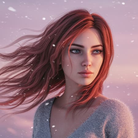Windswept winter scene, natural elegance, piercing grey eyes, intricate details, digital masterpiece, popular on ArtStation, cinematic illumination, high studio quality, polished rendering, Unreal Engine 5 visuals, dynamic motion with hair cascading wildly, soft pink ethereal backdrop, Octane-rendered brilliance, inspired art style by Klimt, Nixeu, Ian Sprigger, WLOP, and Krenz Cushart.