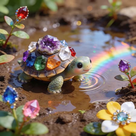 Close-up Of A Cute Baby Close-up of a cute baby turtle, with a shell adorned with vibrant amethyst geode, clear quartz, orange citrine, emerald, sapphire, and ruby crystals, standing in a small muddy puddle with ripples. A rainbow reflection shimmers on the water's surface next to the turtle. Surrounding the puddle are small plants with leaves, some featuring colorful jeweled flower buds (ruby, amethyst, pink topaz, blue sapphire) and a yellow and white flower with gemstones. The art style is photorealistic with a whimsical and fantastical touch. Bright, natural lighting creates a cheerful and magical mood. The colors are rich and saturated, with earthy tones of mud contrasting with the brilliant hues of the crystals and rainbow. Shallow depth of field with bokeh highlights on the water.