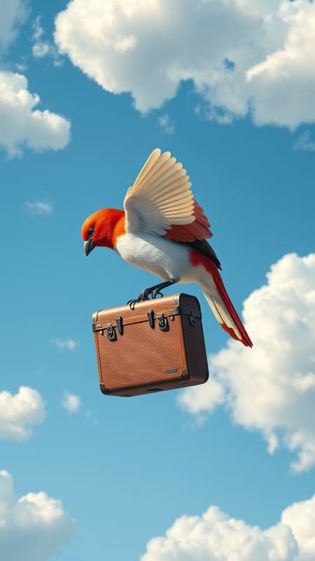 A logo design for a travel website featuring a crimson bird with ivory wings, gracefully clutching a vintage suitcase. Set against a cerulean sky dotted with fluffy cumulus clouds, the scene captures the essence of Beatrix Potter's intricate artistry, embracing a cottage core aesthetic. The artwork is highly detailed, rendered in 8K resolution, and presented from a dynamic 45-degree angle.