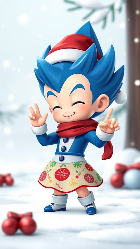 Chibi-style 3D character of Vegeta wearing a festive Christmas dress, complete with whimsical holiday patterns and a tiny Santa hat, striking a playful pose amidst a wintry backdrop with softly falling snowflakes.
