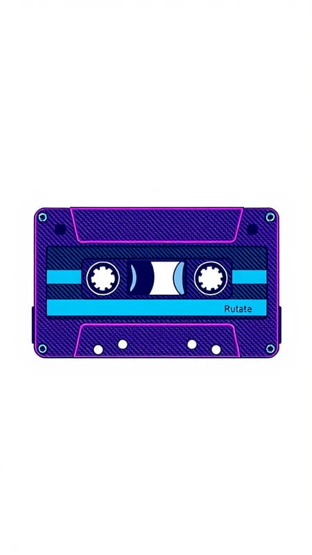 A vintage cassette tape icon crafted in carbon fiber style, featuring a dynamic mix of blue and purple hues, inspired by the pop art flair of Roy Lichtenstein, set against a clean white backdrop. The design integrates subtle halftone patterns, adding a touch of comic book nostalgia while maintaining the sleek modernity of carbon fiber textures.