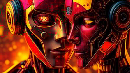 AI Robot Version Design Robot and humans version 2 beta 1 3 3 0, in the style of surreal wallpaper portraits, vibrant realism, modular design, dramatic close-ups, deep golden and crimson hues, ultra-high definition image, mosaic-inspired vividness, with a touch of artistic abstraction.