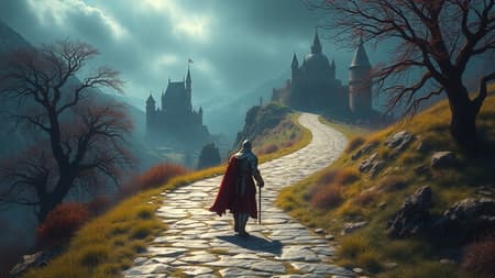 A solitary knight traversing a winding path through a mystical, medieval landscape; fantasy elements envelop him as he journeys. The scene bursts with intricate details and vibrant colors, creating a digital art masterpiece that embodies an RPG adventure. The knight's armor glistens under cinematic lighting, casting dramatic shadows, while the medieval ambiance is enriched by distant castles and ancient trees. This highly detailed portrayal captures the essence of a timeless wanderer on a quest, blending realism with the magic of legendary tales.