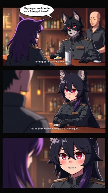 A four-panel comic strip. The top two panels show two anthro furry characters in a bar. The left character is a male dog-like furry with dark fur and red eyes, wearing a grey military uniform, sitting at a wooden table with drinks. The right character is a female cat-like furry with long purple hair, dark fur, and red eyes, wearing a black military uniform, with a speech bubble saying "Maybe you could order us a funny pictures?". A bald bartender is visible in the background. The bottom two panels show close-ups. The bottom-left shows the male furry smiling, with a speech bubble saying "Bring us five funny pictures." The bottom-right shows the female furry with an angry expression, and text overlayed saying "You've given yourself away... you're using AI..."

Anime style with photorealistic background. Dim, moody lighting from the bar, creating a dark, atmospheric setting. Warm, earthy tones for the bar, contrasting with the vibrant purple and dark grey of the characters. Detailed fur and uniform textures.