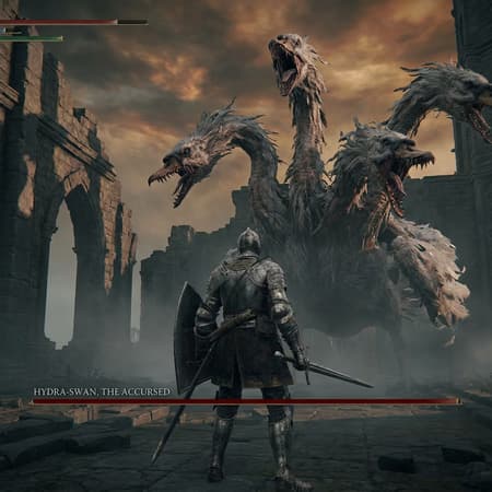 Elden ring game screenshot featuring third person of Tarnished as the main character. Tarnished is wearing a Knights armor and is armed with a sword and a shield. In front of him is a huge monstrous swan with multiple heads like a hydra. The swan is angry and is screaming at Tarnished, ready to attack. Accurate Elden ring world and aesthetic with the boss health bar. Cinematic dramatic lighting.