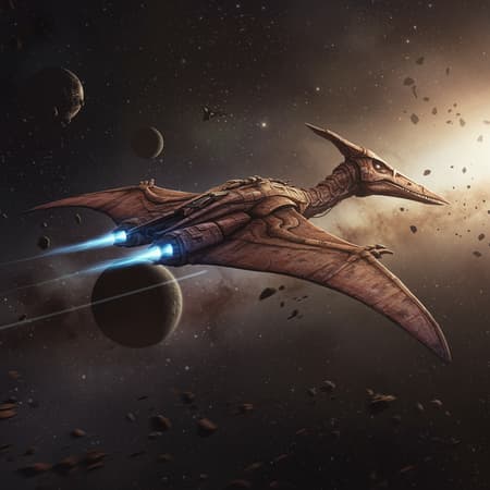 Pterodactyl-inspired space fighter soaring through the vastness of deep space, characterized by complex textures and advanced high-tech design, evoking the styles seen in the Homeworld games. The scene is illuminated by the soft glow of distant stars and celestial bodies, creating a dynamic and cinematic atmosphere from a god’s eye view. The composition features dramatic colors and a sense of motion, rendered in photorealistic detail to achieve an HD, 8K resolution. The distant shot captures the elegance and intricacy of the spacecraft, blending elements of sci-fi with nature’s ancient designs. Planets dot the background, while artefacts in low resolution subtly enhance the authenticity of a space opera setting.