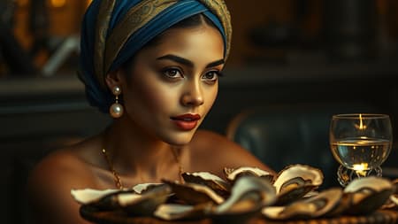 Cinematic hyper-realistic photography capturing a sei-gwpe sitting elegantly at a table adorned with fresh oysters, enhanced by the soft glow of 4k lighting. The subject is portrayed with a sense of luxury, wearing a striking blue and gold headscarf and a delicate pearl earring that glistens subtly. Shot with a 50mm lens to ensure crisp details, the image exudes a rich, textured atmosphere with a play of light and shadow accentuating the serene expression of the sei-gwpe, surrounded by an ambiance of understated opulence.