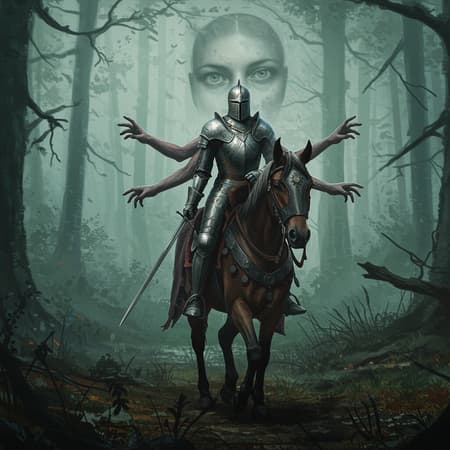 A wandering knight traversing through a mystical, medieval landscape, encapsulating a fantasy realm in digital art form. The scene bursts with intricate details, rendering it a true masterpiece; the knight's full armor glistens under cinematic lighting, enhancing the medieval ambiance. The realism of this RPG setting is momentarily disrupted by duplicated, enigmatic eyes peering through the helmet's visor. Beyond the male armor, a subtle, feminine silhouette suggests a mysterious duality. Accompanied by a majestic horse, the knight rides onward, with the narrative whispering of mutated hands gracefully guiding reins, or perhaps possessing extra fingers beneath armored gauntlets. The entire composition holds an artistically low resolution that offers a nostalgic nod to vintage imagery, complete with tasteful jpeg artifacts.