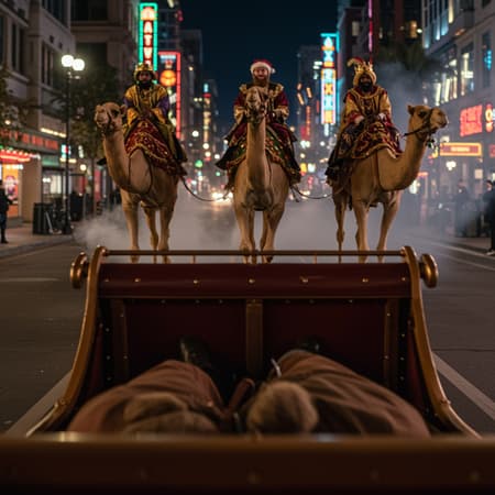 City Street Opens Artwork In a bustling city street at night, the scene opens with a close-up of the front of Santa's sleigh and the three Wise Men's camels, each animal's breath visible in the crisp winter air as they snort with anticipation. The reindeer paw at the ground, eyes glinting with excitement, while the camels steady themselves, adorned with glittering harnesses. Suddenly, the sleigh and camels spring into action. The camera pulls back to a wide shot, capturing the sleigh and camels in full profile as they race forward, the sleigh's polished wood gleaming under the neon lights of storefronts. Smoke billows behind them as they perform a playful burnout, the cityscape reflecting off the sleek surface of Santa's sleigh and the glossy coats of the camels. The camera smoothly follows the race, weaving through the urban backdrop with its flickering signs and vibrant colors, maintaining a fast pace to convey the thrilling excitement and camaraderie of this whimsical race. The sequence seamlessly transitions between tight close-ups and expansive wide shots, ensuring a dynamic and cohesive narrative as Santa and the Wise Men chase each other down the lively city street.