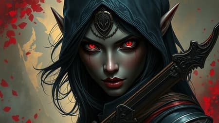 A highly detailed digital artwork featuring a female elf assassin with dark skin and striking red eyes. The character is depicted in an intricate style reminiscent of artists like Dan Mumford, Peter Mohrbacher, and Greg Rutkowski. This fantasy character illustration boasts intricate detail and a high level of craftsmanship, capturing the essence of a mystical and enigmatic world. Set against a vibrant, imaginative backdrop, the image resonates with the qualities that make it stand out on platforms like ArtStation. The composition is designed in 4k resolution, ensuring the best quality and high-resolution details. Despite drawing inspiration from challenging prompts, the artwork maintains a mesmerizing allure, focusing on strong features and depth to captivate the viewer.