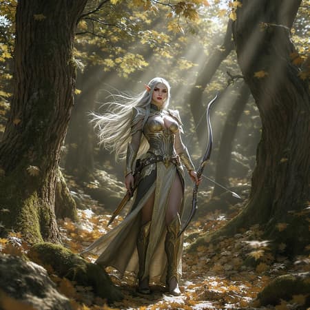 Detailed Elf A stunningly detailed elf maiden archer stands poised in the heart of an ancient forest, embodying the essence of a fantasy RPG akin to dungeons & dragons. Her attire is a masterpiece of intricate patterns and subtle embellishments, each element thoughtfully crafted to enhance her ethereal presence. Sunlight filters through the foliage, casting dramatic shadows that highlight her graceful features and the lifelike detail of her surroundings. The scene is captured with photorealistic precision, with every leaf and strand of hair rendered in ultra-high-definition clarity, creating a cinematic 8k visual feast that immerses the viewer in a world of magic and adventure.