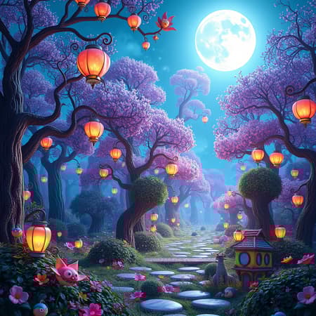 A whimsical journey through an enchanting, mystical forest inspired by Alice in Wonderland, where magic and fairy tales come alive. The scene features vibrant colors, delicate floating lanterns, and surreal creatures frolicking under the glow of a sparkling moonlit sky. Created using Unreal Engine and Octane Render, the 3D rendering captures the awe-inspiring beauty of a fantastical realm. Enhanced with Adobe Photoshop, the scene is imbued with a touch of cuteness, presenting an intricately detailed and wondrous landscape that feels both otherworldly and breathtakingly beautiful.