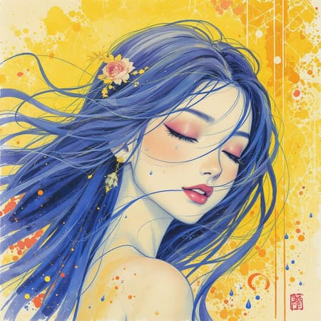 Girl Blue Hair, Art A young girl with flowing blue hair, her eyes gently closed, surrounded by a vibrant palette of yellow and orange. The scene captures a romantic essence with delicate water droplets glistening around her. The illustration features intense, expressive lines reminiscent of the stars art group, blending a traditional gongbi technique with a modern twist of loose paint application. The overall feel is ethereal and dreamlike, evoking a sense of serenity and wonder.