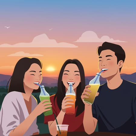 Flat vector illustration of three Asian friends, two women and one man, joyfully sipping beverages from PET bottles, positioned in the bottom right corner of a vibrant and panoramic scene, featuring bright colors and simple minimalist style with a focus on high resolution and intricate details, adding a sunset-lit background with subtle shadows to create warmth and depth while maintaining the cheerful essence.