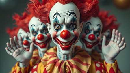 Clown-themed surreal world, 8k ultra-high definition, high dynamic range, vibrant colors, whimsical faces, duplicated and mutated features, elongated necks, extra fingers, distorted hands, cloned expressions, cross-eyed gazes, playful and absurd elements, bizarre reality mashup, low-resolution charm, elements slightly out of frame, soft focus effects, artistic glitches, accidental textures, hidden watermarks, subtle digital artifacts, playful cartoon influences, fragmented imagery, gently cropped. Clown-themed surreal world, 8k ultra-high definition, high dynamic range, vibrant colors, whimsical faces, duplicated and mutated features, elongated necks, extra fingers, distorted hands, cloned expressions, cross-eyed gazes, playful and absurd elements, bizarre reality mashup, low-resolution charm, elements slightly out of frame, soft focus effects, artistic glitches, accidental textures, hidden watermarks, subtle digital artifacts, playful cartoon influences, fragmented imagery, gently cropped.