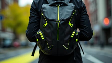 Photography of a sleek black and electric neon yellow urban sports backpack, featuring a bold and energetic composition with dynamic angles, high-energy vibes, and a focus on the octane-inspired design elements; captured in ultra-high-definition 4K, showcasing complex and intricate textures that highlight the backpack's innovative materials and craftsmanship; with an emphasis on its modern and aggressive aesthetic in an urban setting.