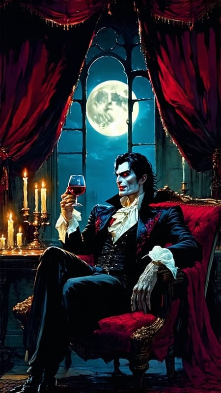 A vampire aristocrat, lounging in an opulent, candlelit chamber filled with velvet drapes and antique furniture. He holds a glass of dark red wine (or is it blood?) and looks out through a tall, arched window at the full moon. His sharp, elegant features are pale, and his eyes gleam with eternal knowledge and hunger. The mood is dark and seductive, with gothic elegance. The art style is richly detailed, focusing on deep reds, blacks, and golds to create a luxurious, eerie atmosphere.
