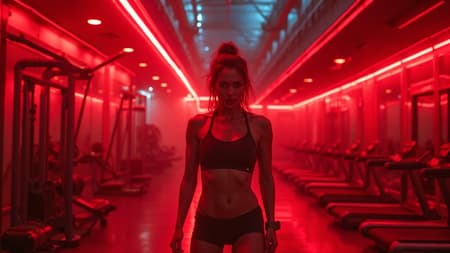 A vibrant blend of futuristic fitness where a powerful woman works out in a neon-red illuminated gym, her movements echoing in the galactic expanse. The scene is infused with energy, as if captured through dynamic satellite imagery. Inspired by Yoji Shinkawa's unique style, the gym equipment and architecture take on a sleek, metallic form, contrasting against soft textures of breathable cotton attire. This cosmic fitness arena, surrounded by fiery accents, invites an otherworldly intensity, merging the elegance of human strength with the vastness of space.