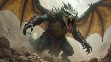 A full-body depiction of a draconian warrior deeply engaged in intense combat, showcasing their reptilian humanoid features and fearsome presence. The scene is reminiscent of Dragonlance, with the warrior's detailed face and eyes conveying a sense of fierce determination. The artwork is a masterpiece of high quality, captured in 8k photorealistic detail. The style draws inspiration from Jeremy Mann, Sandra Chevrier, and Maciej Kuciara, ensuring a sharp and realistic portrayal with real shadows and a 3D effect. The warrior is adorned in intricate armor, emphasizing their formidable strength. Negative prompts: lowres, more than 5 fingers, more than 2 arms, beard, more than 2 hands, child, white pants, nude, nsfw, cartoon, comic, drawing, many horses, one wing.