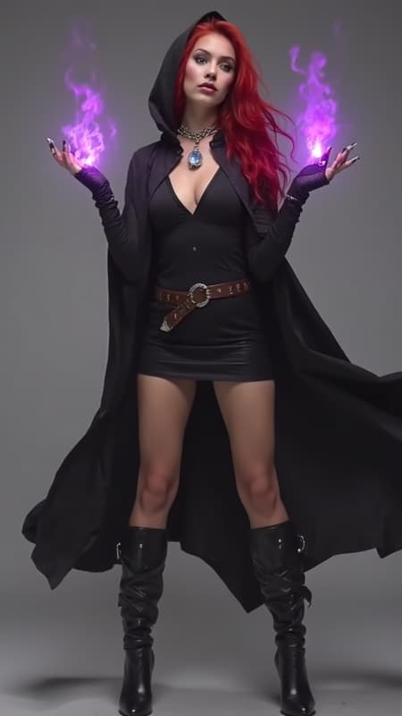 Witch, super-hero. Feminine young Caucasian woman. Long, wild flaming red hair swept back on one side. Cyan-blue eyes, Ruby red lips. Pretty, model girl, athletic, tall, busty. Silver chain with crystal moon pendant around neck. Black hooded cloak, long fingerless gloves on arms. Black mini-dress, studded leather belt. Long legs, textured sheer black stockings. Knee-high stiletto-heeled black leather boots, buckles on sides of boots. Violet energy/fire from hands/fists. She can control the weather. Full body pose, wind blowing. 