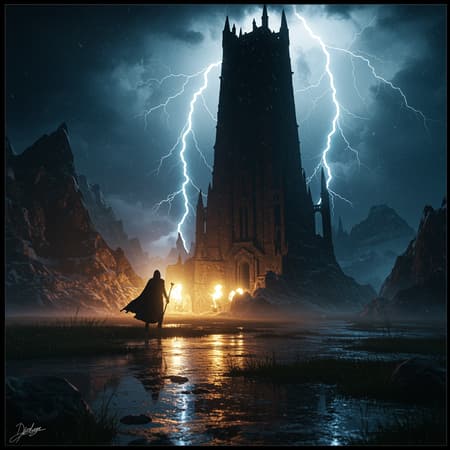 A foreboding night unfolds as a mysterious figure draped in flowing black robes steadily approaches a looming dark tower, lightning crackling in the stormy sky above. This scene, reminiscent of an epic Dungeons and Dragons adventure, is washed with bursts of shimmering light, casting eerie reflections on the wet ground. The landscape, bathed in an otherworldly glow, evokes the dramatic style of Bob Eggleton, Caspar David Friedrich, and Doug Beekman, while the intricate, high-detail design nods to the visionary aesthetics of Doug Chiang. Every detail captured in crystal-clear 8k close-up, creating a vivid tapestry of suspense and wonder.