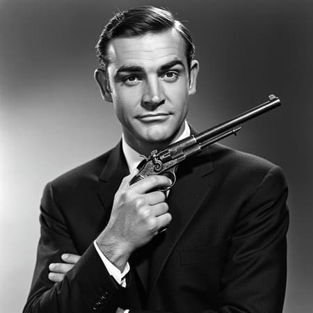 A young Sean Connery, elegantly poised at 31, confidently holding a vintage pistol, depicted in a striking black and white composition; the image captures the essence of classic celebrity allure and iconic pop culture charisma, with his eyes sparkling as if illuminated, holding a touch of mystery and intrigue.
