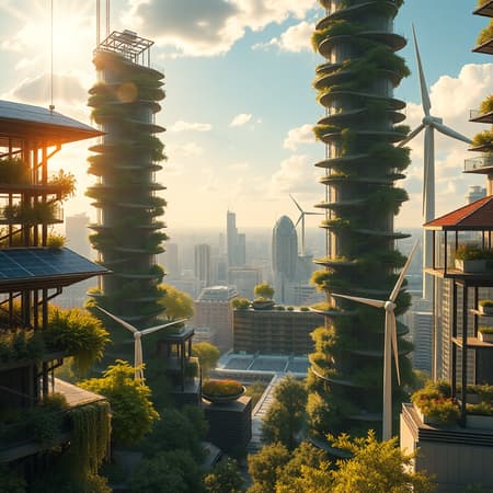 An award-winning portrayal of a solarpunk cityscape showcasing towering vertical gardens with golden sunlight gently flowing through solar panels and ecologically sustainable features. The scene includes intricately designed wind turbines against a vibrant city background. A visionary futuristic ambiance reminiscent of Hayao Miyazaki’s animated worlds captured through a Nikon D850 using a film stock style at f1.6. The image boasts rich, hyper-realistic colors and lifelike textures with dramatic lighting akin to Cinestill 800 film, offering vibrant contrasts and a bright aesthetic. Despite having a low resolution, and unintended text artifacts, it highlights the beauty of this future world, avoiding any disfigurations, improper anatomy, or unsightly elements, ensuring a clean, engaging visual experience.