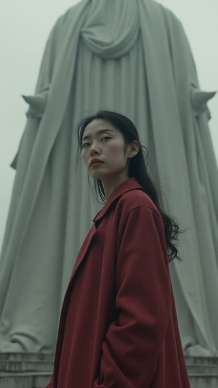 A woman stands dramatically in front of a colossal statue, evoking the grandeur of cinematic sets. The scene channels the artistry of Fenghua Zhong and Alessio Albi, with a striking palette of deep red and muted gray tones. The composition hints at Cliff Chiang's storytelling through its filmic quality, showcasing meticulous attention to detail. The woman’s expression and posture harmonize with the environment, creating a timeless and evocative visual narrative.