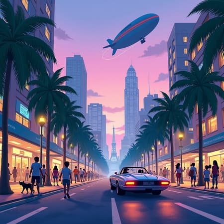 A vibrant cityscape unfolds at dusk, where palm trees sway gently against a backdrop of neon-lit skyscrapers, all depicted in the whimsical and detailed art style reminiscent of Studio Ghibli. The bustling streets teem with life, showcasing a diverse array of characters going about their day, their expressions animated and full of personality. In the foreground, a sleek, futuristic car speeds by, leaving a trail of glowing lights, while next to it, a small group of children chase after a stray cat with wide-eyed wonder. Overhead, a dirigible floats lazily across a sky painted in soft hues of purple and pink, adding a touch of magical realism to the scene.