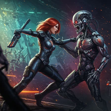 A stunning female warrior engaged in combat with a menacing cyborg alien, featured in a hyper-stylized piece of concept art. The scene is bathed in dramatic, colorful cinematic lighting that accentuates the realism of their intense battle. Her armor glistens under the vibrant, contrasting hues as she wields a futuristic weapon, showcasing her fierce determination. The cyborg alien, with its intricate metallic design and glowing cybernetic eyes, counters with aggressive precision. The backdrop is a dynamic blend of shadows and splashes of vivid color, amplifying the tension and energy of the encounter.