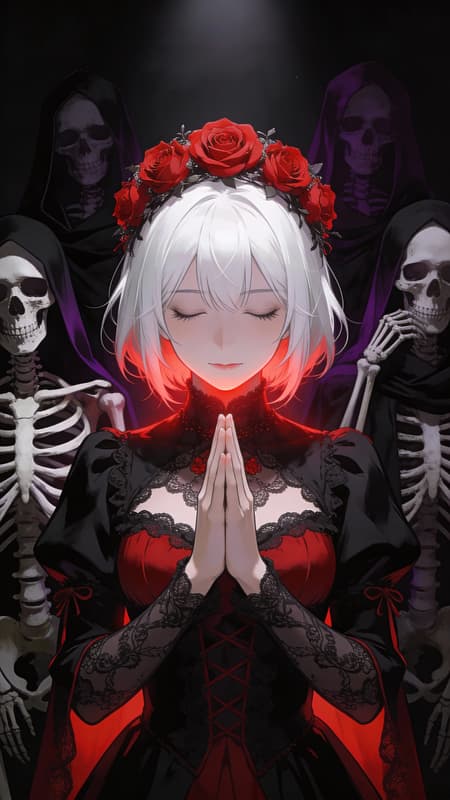 A beautiful anime-style woman with closed eyes and white hair, wearing a black and red Victorian dress with intricate lace details, praying with hands clasped. She has a vibrant red rose crown. The background is dark and moody, featuring several detailed human skeletons cloaked in black and dark purple, creating an eerie yet elegant atmosphere. Dramatic rim lighting from above illuminates her face and hair, casting soft red light on her chin and hands, emphasizing the red accents of her attire. The overall mood is somber, spiritual, and gothic. Highly detailed, volumetric lighting, dark fantasy.