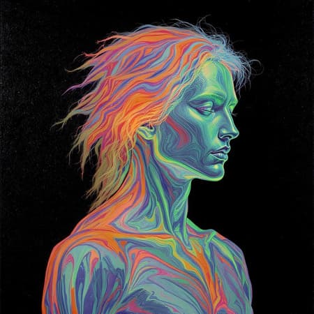 A lone figure enveloped in a psychedelic bioluminescent aura, with a vibrant color palette dominated by orange, pink, green, and blue hues. This multicolored rainbow portrait is inspired by the fusion of Moebius and Beksinski, showcasing vibrant, iridescent skin that mimics the effect of oil on water. The figure evokes the essence of a rainbow-colored liquid melting into a silver surfer, portrayed as a detailed sculpture with precise anatomy. The piece exhibits symmetry in its surreal composition, embodying the intricate artwork reminiscent of Caravaggio. This oil painting, executed on canvas, is both dramatic and visually arresting, potentially an award-winning piece. Currently trending on ArtStation, it offers a fantastic view in 8k, UHD, HDR quality, set against a stark black background, inviting viewers to immerse themselves in its luminous depths.