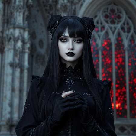 Gothic girl dressed in black with a flawless face in a macro headshot, standing before a grand gothic cathedral. The cathedral's windows flicker with reflections of red flame light. Delicate and intricate mandala ornaments are subtly woven into the scene. The image is captured in stunning 8k UHD HDR quality. The dark-haired model, with a mysterious allure similar to Dark Sushi 2.5D, has a uniquely long neck, and her piercing eyes gaze ahead. She holds her hands gracefully, each finger perfectly poised. The background and details are in sharp focus, offering a vivid and pristine portrayal without any distortion, blur, or artifacts.